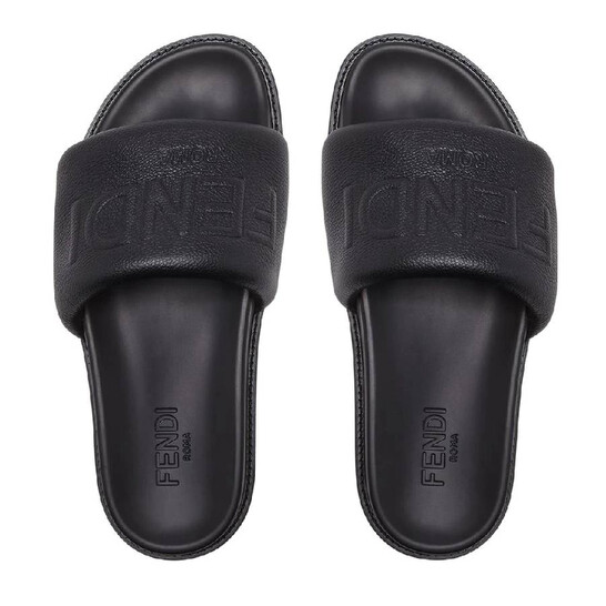 FENDI ロマ ロコ エンホス スライト 7X1649AQXC F0QA1 Fendi Leather Slide With Wide Band, Brand Size 8 (US Size 9