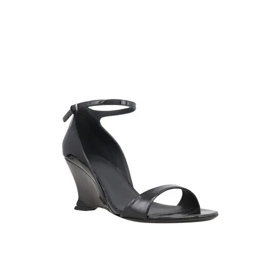 Ferragamo Black Vernice Open-Toe Wedge Sandals, Size 7.5