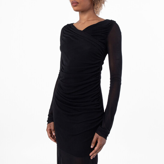 Ferragamo Sheer-Panels Draped Midi Dress, Brand Size 42 ( US Ferragamo Sheer-Panels Draped Midi Dress, Brand Size 42 ( US