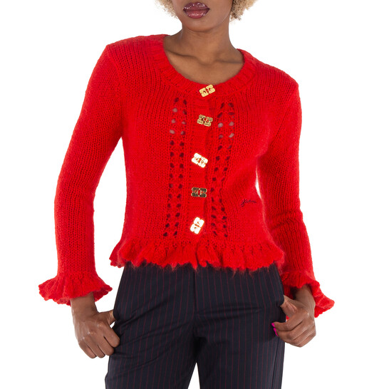 Ganni Ladies Racing Red Mohair Butterfly-Button Cardigan