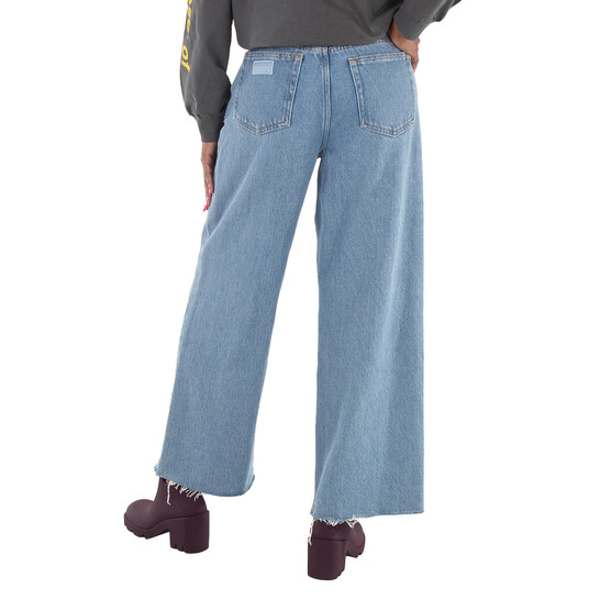 Ganni Light Blue Stone Denim Wide Drawstring Jeans, Waist