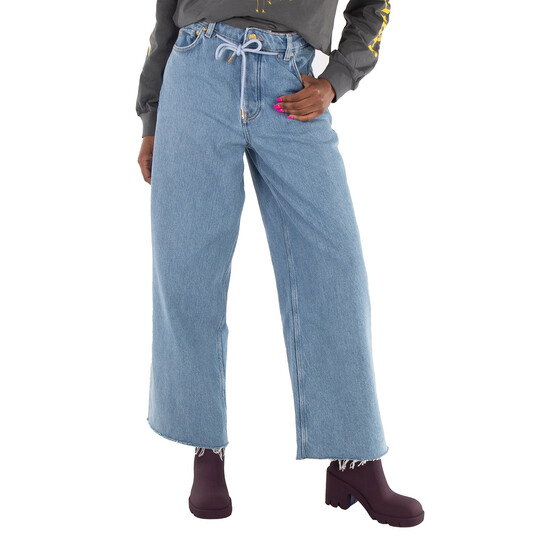 Ganni Light Blue Stone Denim Wide Drawstring Jeans, Waist