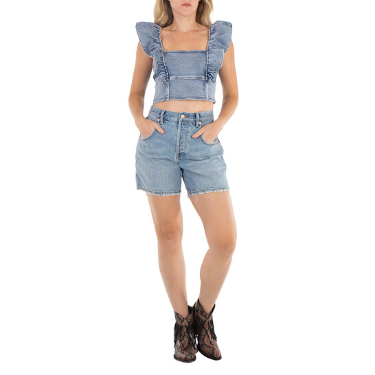Ganni Stretch Denim Cropped Ruffle Top, Brand Size 38 (US