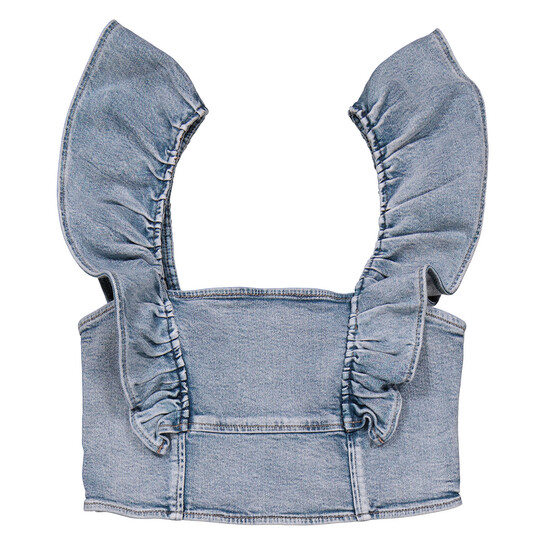 Tシャツ・カットソー GANNI DENIM RUFFLE TOP Ganni Stretch Denim Cropped Ruffle Top, Brand Size 38 (US