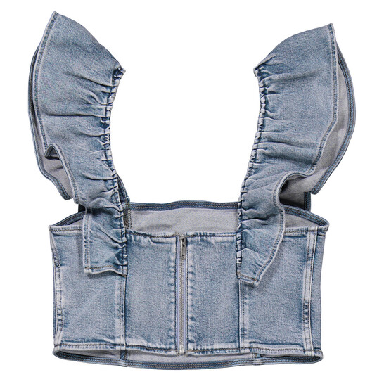 Ganni Stretch Denim Cropped Ruffle Top, Brand Size 38 (US