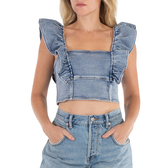 Ganni Stretch Denim Cropped Ruffle Top, Brand Size 38 (US