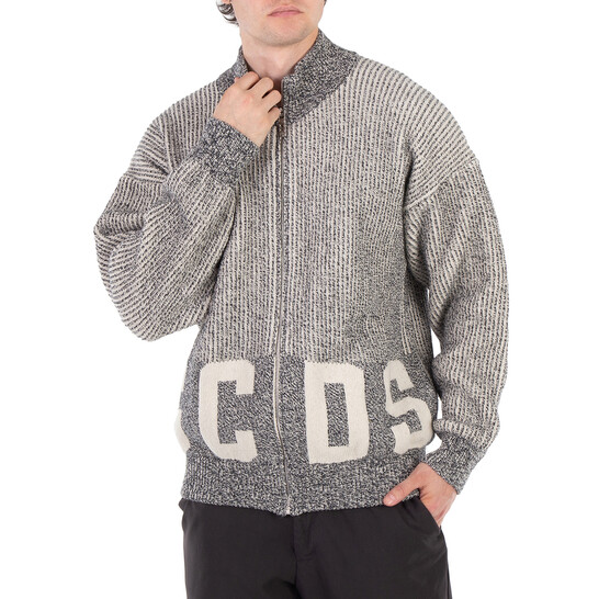 Gcds Grey Ribbed Logo Full Zip Cardigan, Size Medium A2OM2000KE4