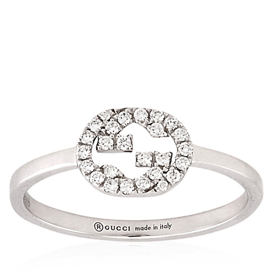 Gucci 18K White Gold Interlocking G Diamond Ring, Size 13