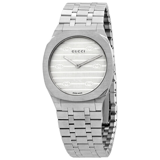 ゴージャス★GUCCI 25H Quartz Diamond White Dial Ladies Watch Gucci 25H Quartz Diamonds Silver Dial Silver Steel Strap