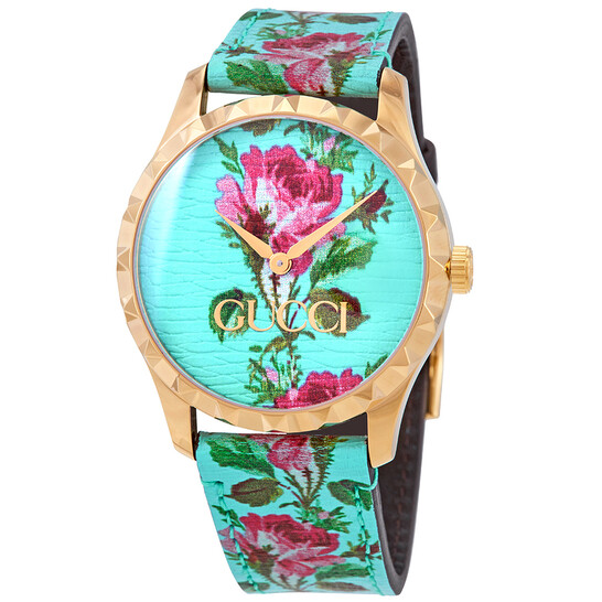 Gucci G-Timeless Aqua Floral Print Dial Ladies Leather Watch