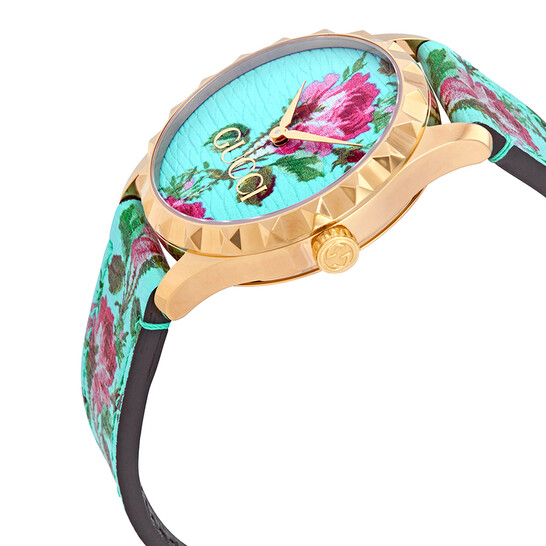 Gucci G-Timeless Aqua Floral Print Dial Ladies Leather Watch