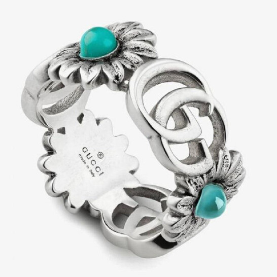 Gucci GG Marmont Silver Turquoise Flower Ring, Size 14