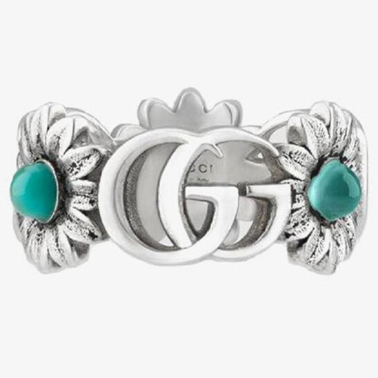 Gucci GG Marmont Silver Turquoise Flower Ring, Size 14