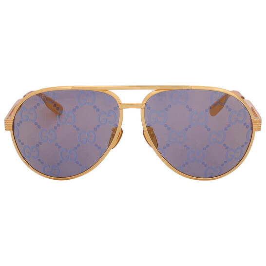 サングラス Gucci Sunglasses GG1513S 005 Mirror l Oversized Gucci Gold with Blue Logo Mirror Pilot Men's Sunglasses