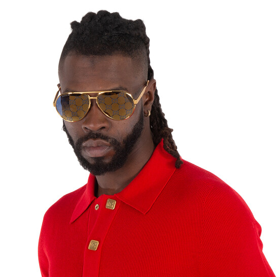 Gucci Gold with Blue Logo Mirror Pilot Men's Sunglasses
