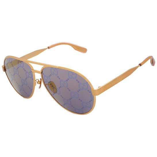 Gucci Gold with Blue Logo Mirror Pilot Men's Sunglasses