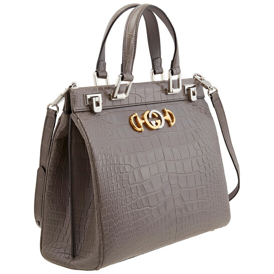 Gucci Grey Zumi Medium Top Handle Bag In Crocodile Effect