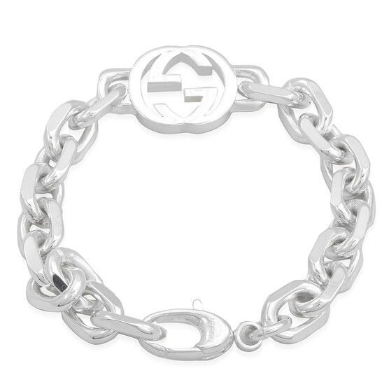 ●STERLING G Gucci Interlocking G Motif Sterling Silver Bracelet Size 19