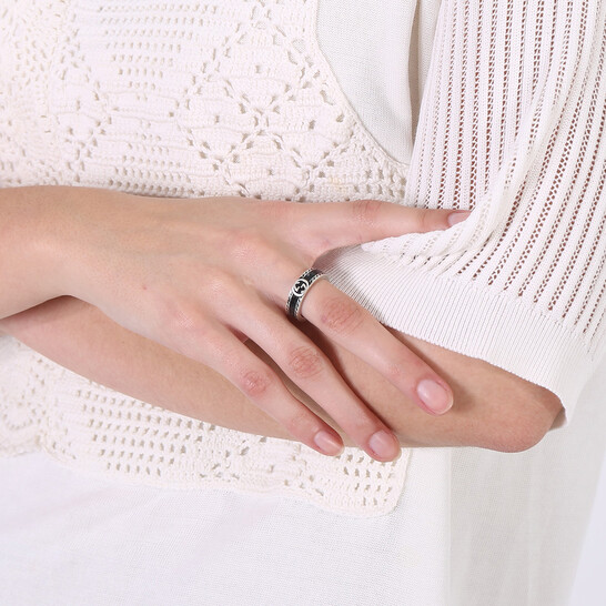 Gucci Interlocking G Sterling Silver And Black Enamel Ring