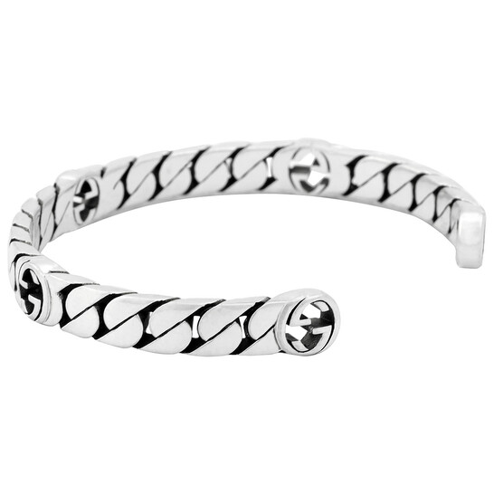 アクセサリー GUCCI Logo Black Patent Silver Bangle Gucci Unisex Interlocking G Sterling Silver Enamel Cuff