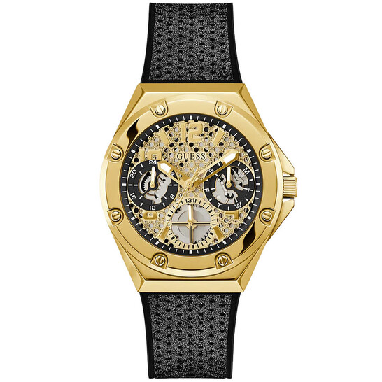 Guess Asteria Multifunction Gold Dial Black Rubber Strap Watch For Women - GW0620L2