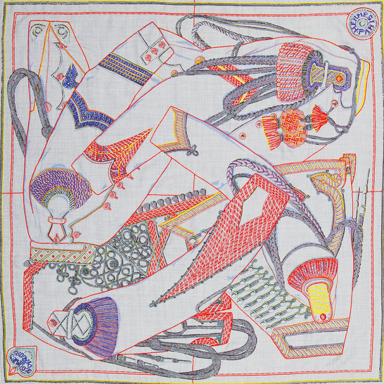 【 Hermes 】Ladies Grey Zouaves Et Dragons Wash スカーフ 90 Pre-owned Hermes Ladies Grey Zouaves Et Dragons Wash Scarf