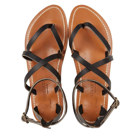 K Jacques Ladies Epicure Pul Noir Flat Leather Sandals