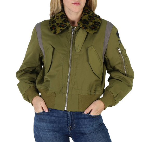 Kenzo Khaki Hana Leopard Dettail Bomber Jacket, Size Small