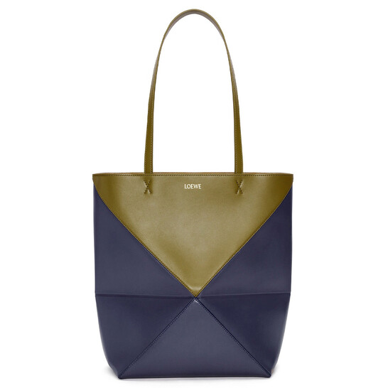 Loewe Shiny Calfskin Puzzle Fold Tote - Olive/Abyss Blue