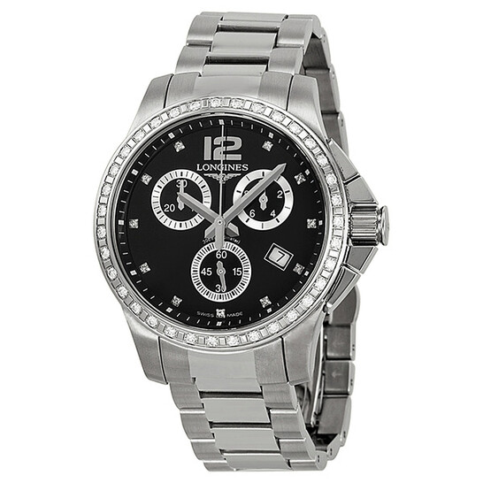 LONGINES Conquest レディース時計 Longines Conquest Black Diamond Dial Chronograph Stainless