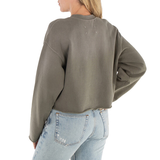 Maison Margiela Ladies Olive Logo-Print Cropped Sweatshirt