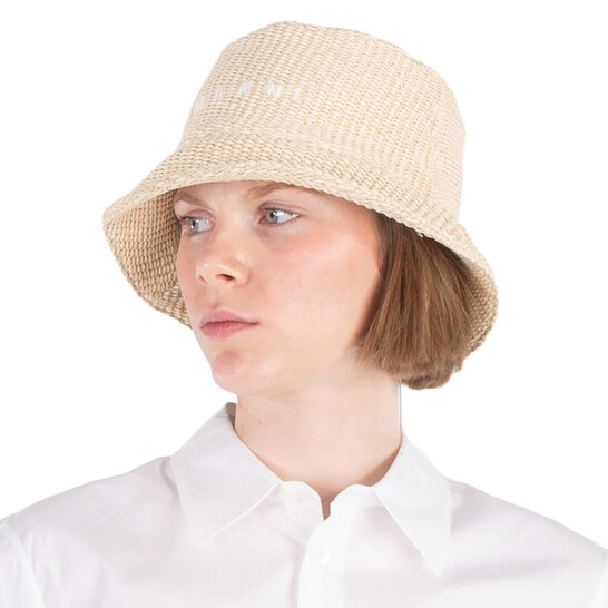 ■MARNI■ Embroidered Logo Crochet Bucket Hat Lily White CLM Marni Logo Crochet Bucket Hat in Lily White | FWRD