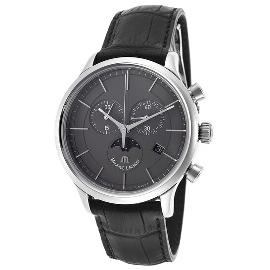 Maurice Lacroix Les Classiques Chronograph Phase de Lune Grey Dial Black  Leather Strap Men's Quartz Watch LC1148-SS001-830