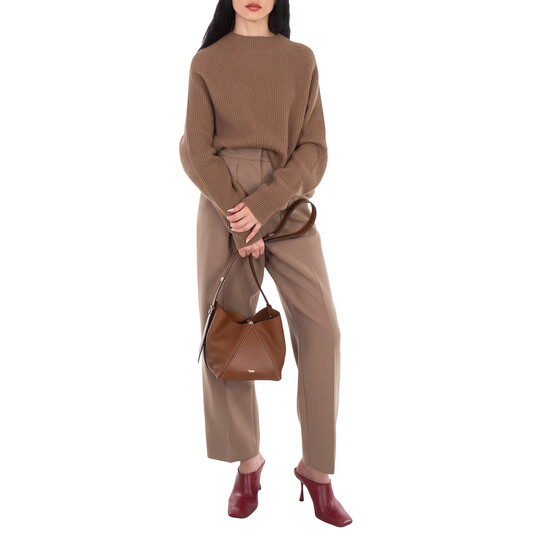 Max Mara Deer-Print Leather Small Bucket Bag 4516041600-BROWN