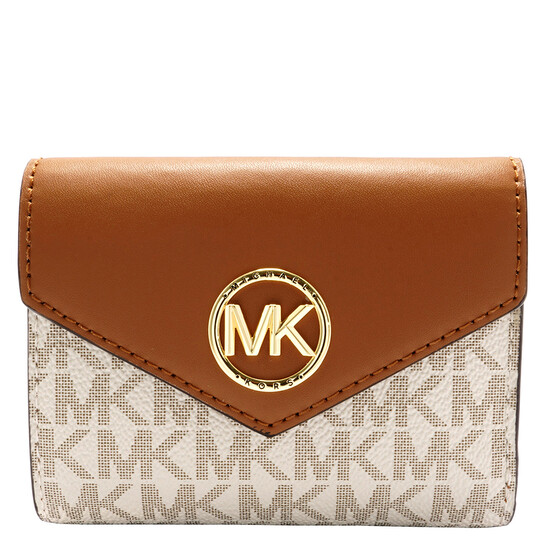 Michael Kors Ladies Signature Logo Carmen Medium Envelope Tri-Fold Wallet  Vanilla/Acorn