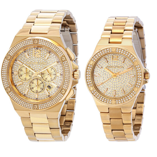 Michael Kors Lennox His And Hers Quartz Gold Crystal Pave Dial