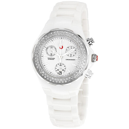 Silver and porcelain white Michele watch with diamond bezel New Authentic MWW30A000001 Michele Sidney Diamond Women main image 2