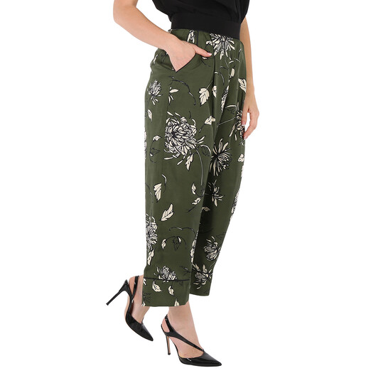 Moncler Ladies Green Floral Silk Pants, Brand Size 44