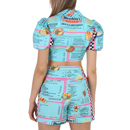 MOSCHINO A072955411001 関税送料込 Moschino All-Over Diner Menu Print Cropped Silk Blouse