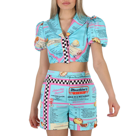 Moschino All-Over Diner Menu Print Cropped Silk Blouse