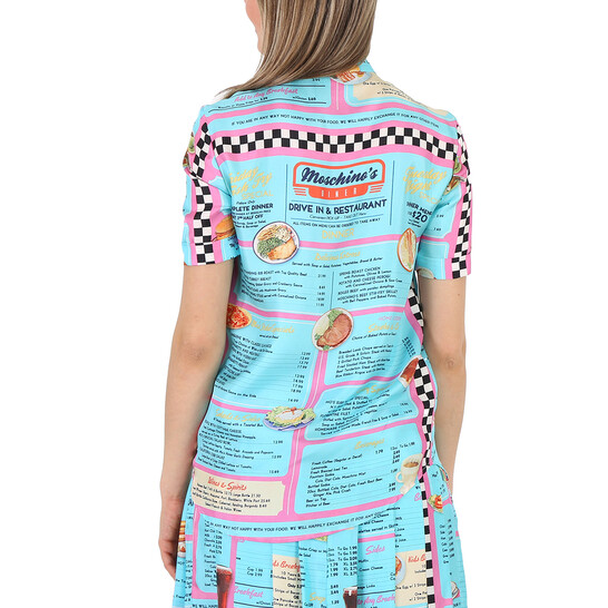 Moschino All-Over Diner Menu Print Short Sleeve Silk Blouse