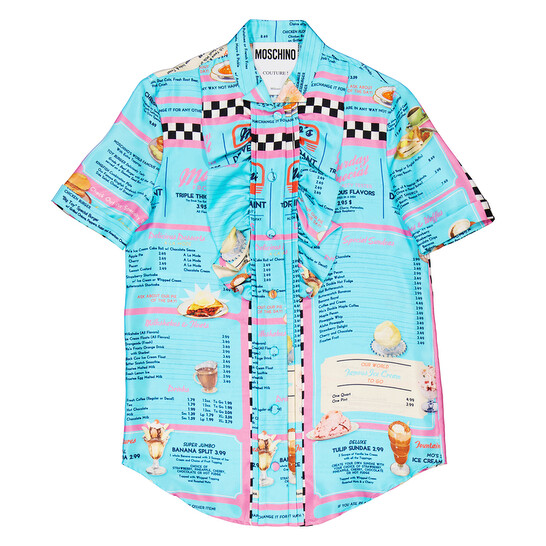 Moschino All-Over Diner Menu Print Short Sleeve Silk Blouse
