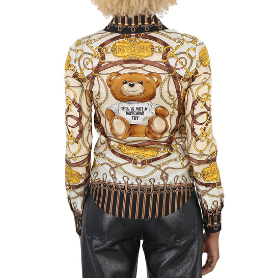 Moschino Ladies Multicolor Teddy Bear Silk Button-Up Shirt