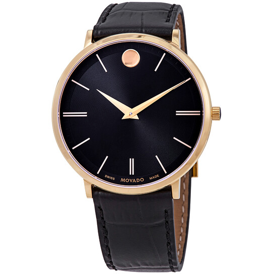 Movado Ultra Slim Black Dial Black Leather Men's Watch 0607173