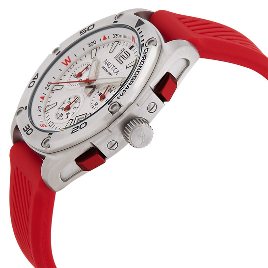 Orologio Cronografo Uomo Nautica Tin Can Bay NAPTCF205, Cassa 44mm Acciaio, Cinturino Silicone Rosso, Impermeabile 100m