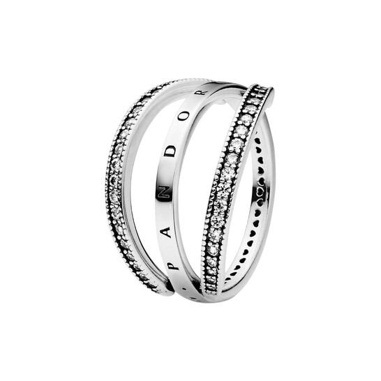 Pandora Signature Logo and Hearts Sterling Silver Ring, Size