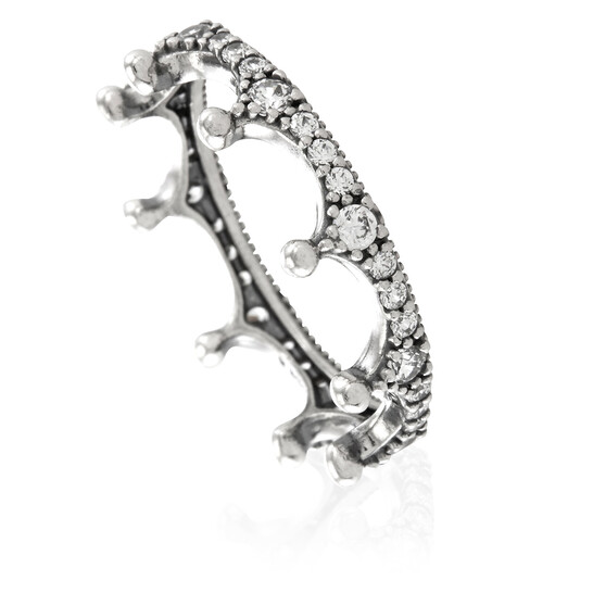クリスタル Pandora Sterling Silver Clear Sparkling Crown Ring, Size 52