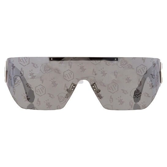 Philipp Plein Silver Mirror Logo Shield Ladies Sunglasses 