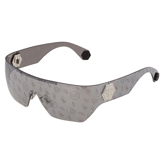 Philipp Plein Shield-Frame Metal Sunglasses Grey Womens Philipp Plein Silver Mirror Logo Shield Ladies Sunglasses  main image 2