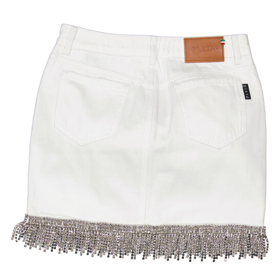 Philipp Plein White Crystal Fringe Denim Skirt, Waist Size 27